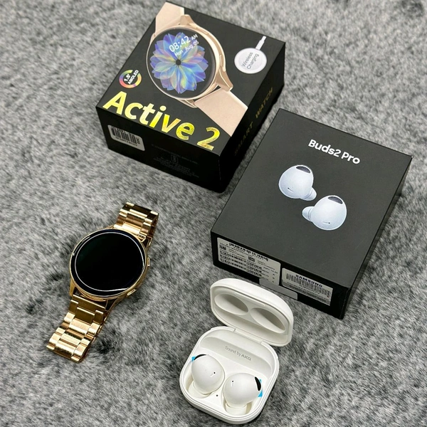 Most Awaited Budget Combo | Active 2 Amoled Display Smartwatch And Buds 2 Pro Best Quality Earphone - Gold/White