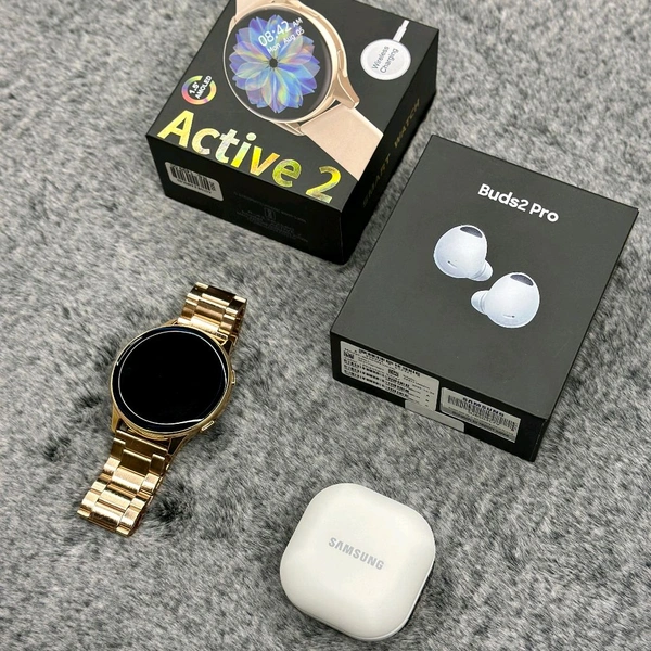 Most Awaited Budget Combo | Active 2 Amoled Display Smartwatch And Buds 2 Pro Best Quality Earphone - Gold/White