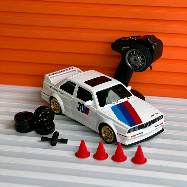 Remote Control Car 2.4GHZ High Speed Racing Car with Drift Tires, Roadblocks And LED Headlights Dual Batteries Best Birthday Gift, Holiday Gift - White