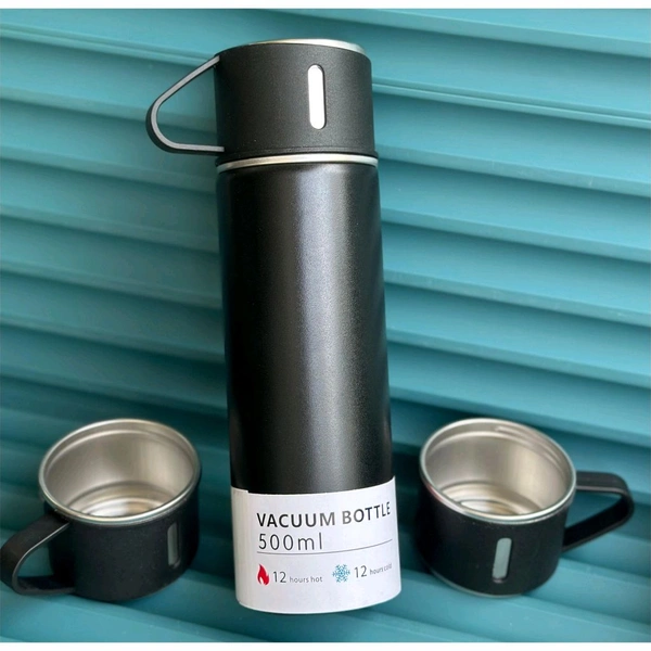 Sainless Steel Vacuum Flask Set with 3 Steel Cups Combo for Coffee Hot Drink and Cold Water Flask Ideal Gifting Travel Friendly Latest Flask Bottle. (500ml)