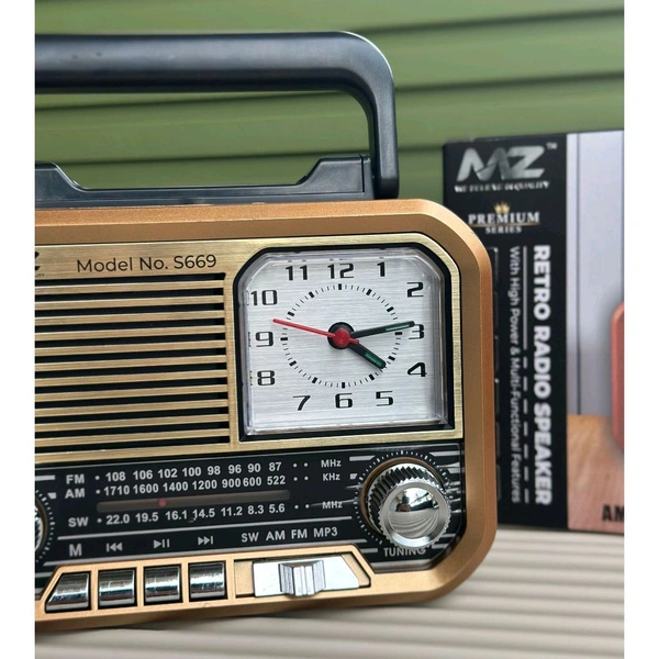 MZ S669 Retro Radio Speaker | AM/FM/SW 3 Band | Classic Clock + USB/TF/Rechargeable