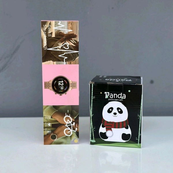 Smartwatch with Panda Silicone Night Lamp Combo for Home & Gifting | Stylish Metal Strap Watch + Cute LED Panda Night Light