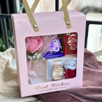 Premium Gift Hamper Bag with Watch, Chocolates & Flowers | Best Wishes Ready-to-Gift Combo Box