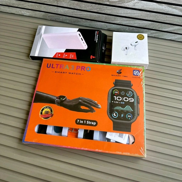 7 in 1 Smartwatch Combo Set with 7 Interchangeable Straps, Wireless TWS Earbuds and 10000mAh Power Bank – Smart Watch Gift Combo for Men and Women