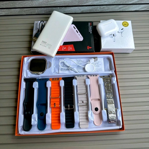 7 in 1 Smartwatch Combo Set with 7 Interchangeable Straps, Wireless TWS Earbuds and 10000mAh Power Bank – Smart Watch Gift Combo for Men and Women