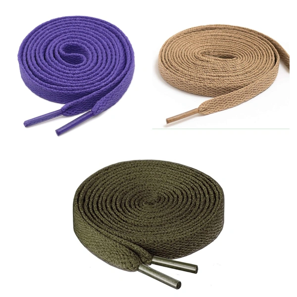 GRAH SANGRAH® 3 Pair (1 Pair Per Single Color) Flat Shoe Lace For Running, Sport Or Gym Shoelace - 120 CM, Purple-Cream-Army Green
