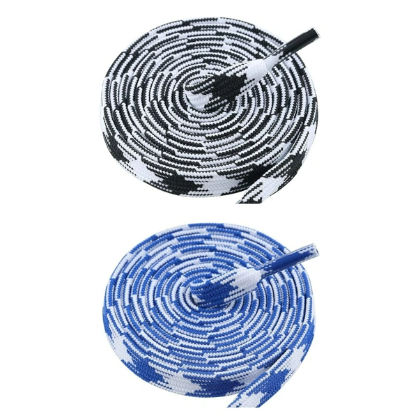 GRAH SANGRAH® 2 Pairs | Fashionable Double Layer Flat Colored | Unisex Shoe laces for Sneakers - 150 CM, Black White_ Blue White