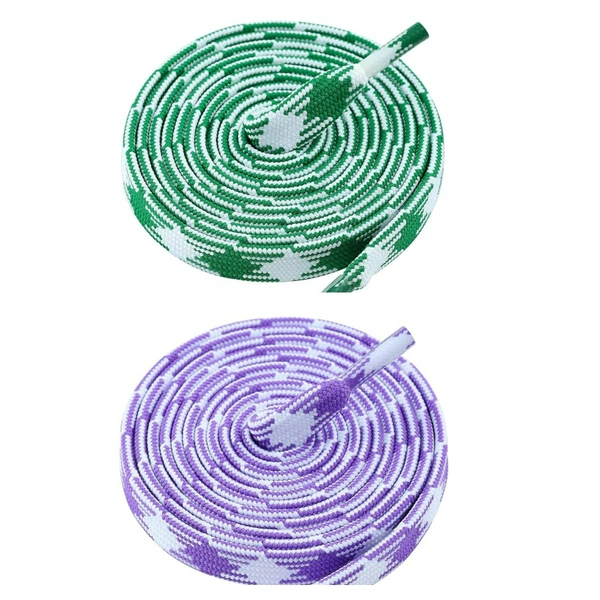 GRAH SANGRAH® 2 Pairs | Fashionable Double Layer Flat Colored | Unisex Shoe laces for Sneakers - 150 CM, Green White_ Purple White