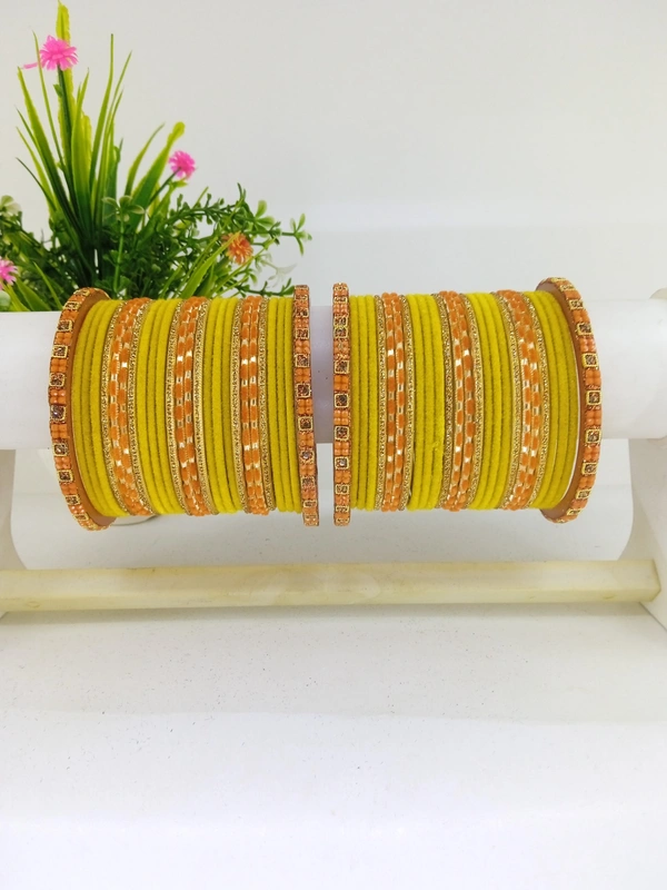 Metal Velvet and Dotted Wedding Haldi Bangles Set. - 2.4, Haldi