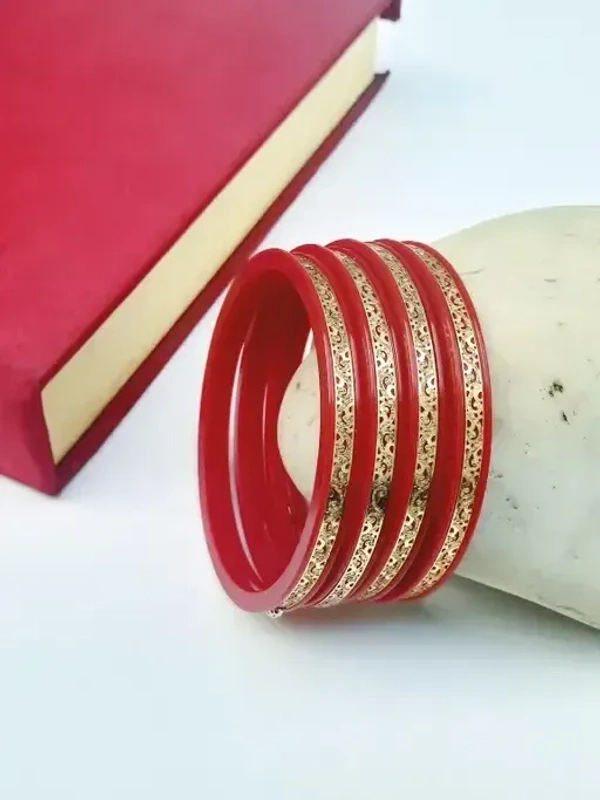 Premium Micro Gold Plated Pola Bangles - Red, 2.6