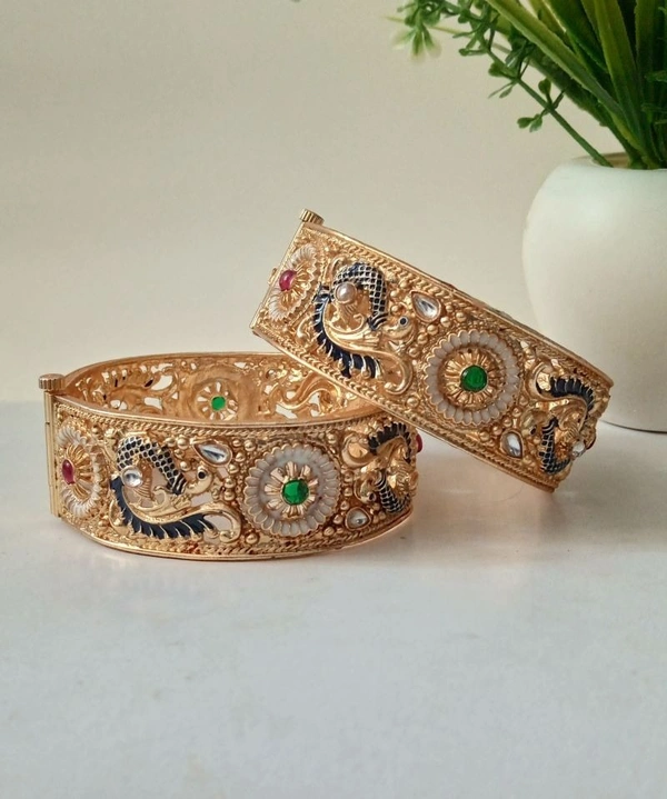 Rajwadi Peacock Bangles Set - Golden, 2.6