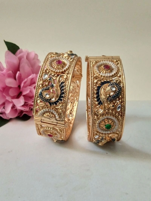 Rajwadi Peacock Bangles Set - Golden, 2.8