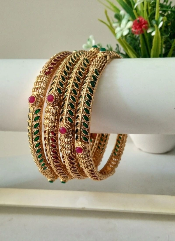 Premium Red & Green Bangles Set of 4 - Golden, 2.4