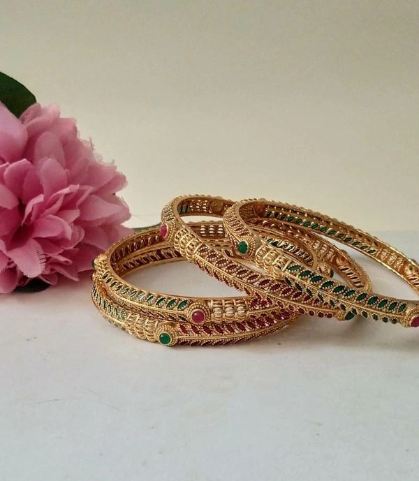 Premium Red & Green Bangles Set of 4 - Golden, 2.4