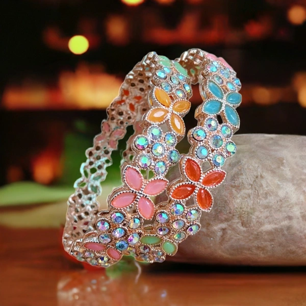Multi Kundan Sparkling Stone Metal Bangles - 2.4, Multi