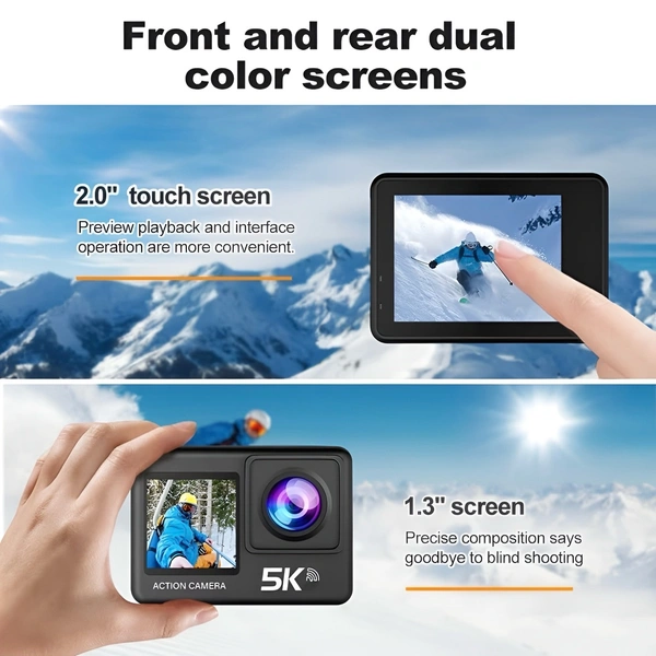 5K Action Camera With 50MP Sensor And Dual Screen, WiFi + Remote Control + Touch Control
