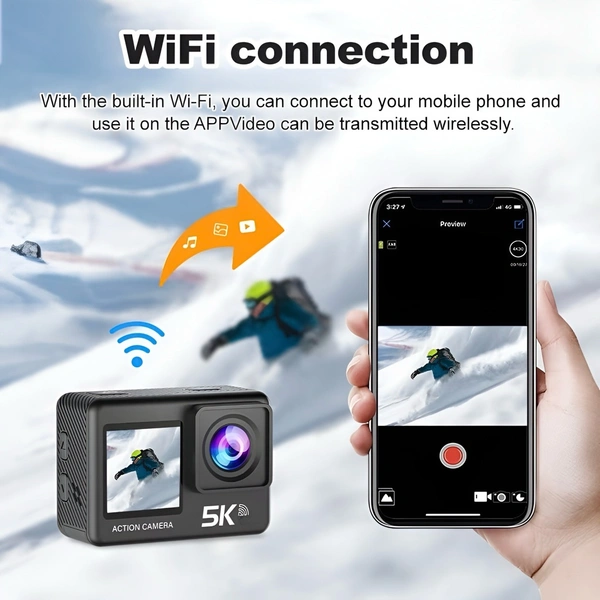 5K Action Camera With 50MP Sensor And Dual Screen, WiFi + Remote Control + Touch Control
