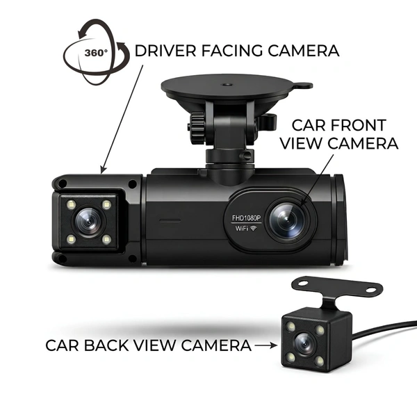1080P FHD Car Dash Camera With Triple Camera Set Up - Record Front View, Rear View And Car Interior For Smart Driving & Security