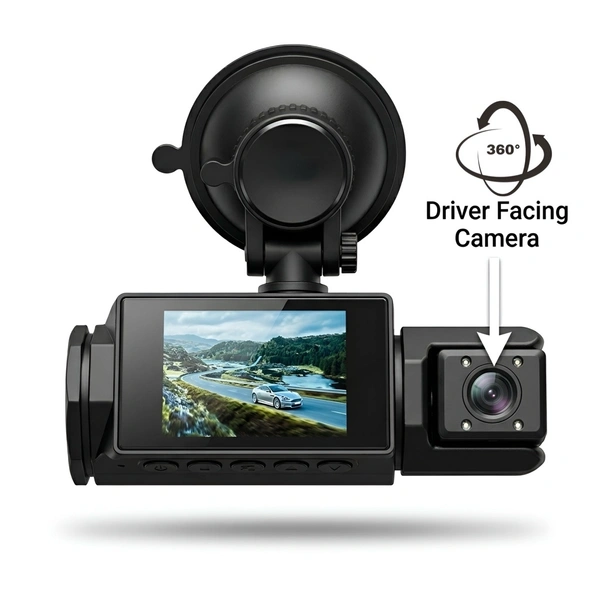 1080P FHD Car Dash Camera With Triple Camera Set Up - Record Front View, Rear View And Car Interior For Smart Driving & Security