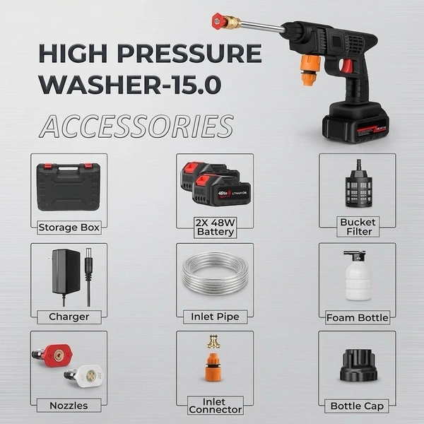 48Vh High Pressure Washer Gun | Portable, Cordless, Easy Rechargeable With Dual Battery