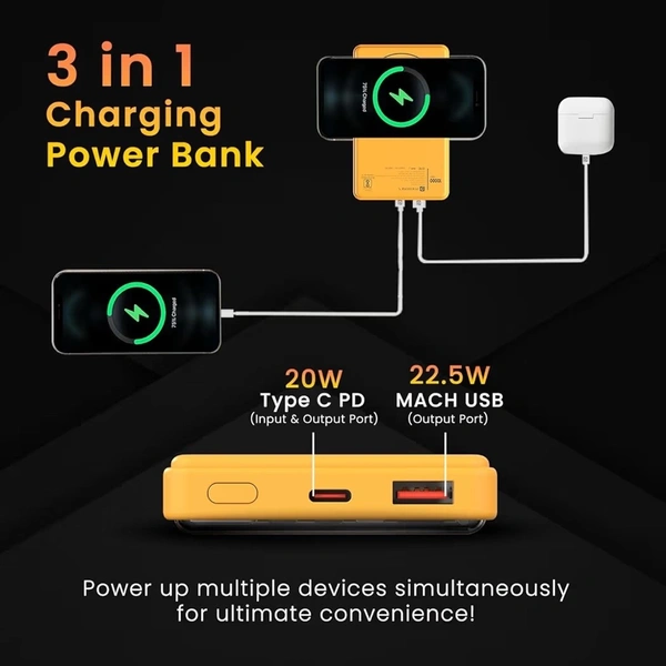 Portronics Luxcell Wireless Mini 10k 10000mAh 15W Magnetic Wireless Fast Charging Nano Power Bank with 22.5 Wired Output