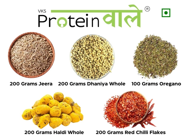 ProteinWaale Premium Spices - 200 gm Jeera, 200 gm Dhaniya Whole, 200 gm Haldi Whole, 200 gm Red Chilli Flakes, 100 gm Oregano Pure