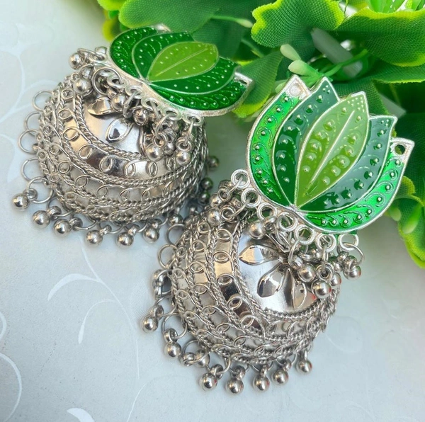 Hamari Queen Green Lotus Design Colorful Oxidized Silver Plated Jumkhas