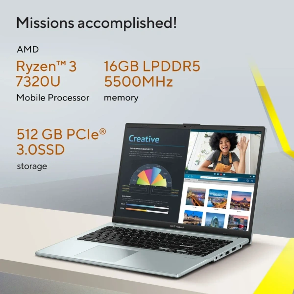 ASUS Vivobook Go 15 AMD Ryzen 3 Quad Core 7320U - (16 GB /512 GB SSD/Windows 11 + Office 2024 - Java, AMD R3 7320U