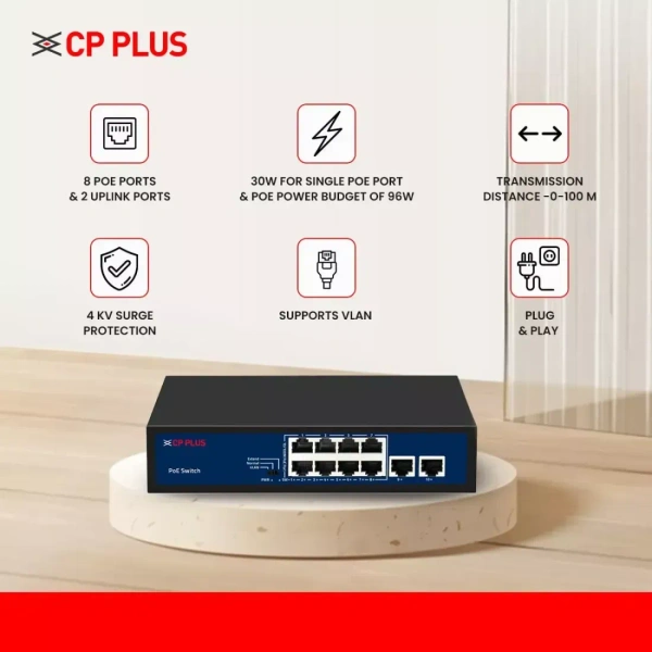 CP-Plus Poe Switch 8 Port (8 FE + 2 FE Port) - 8 FE + 2 FE Port, CPPLUS