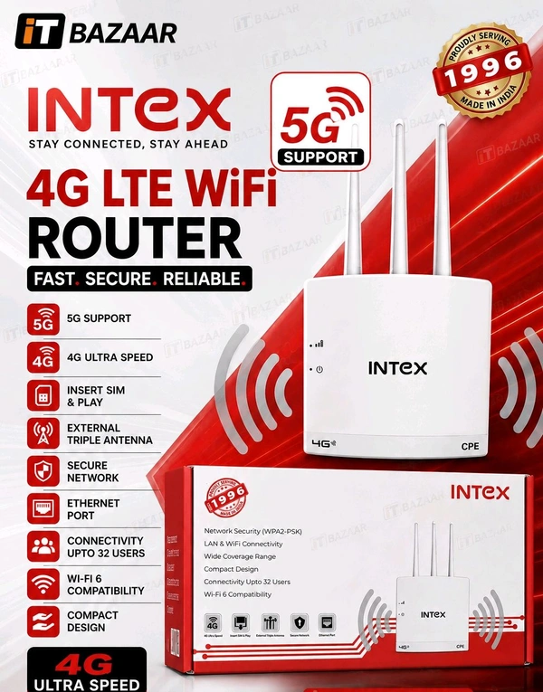 INTEX ROUTER 5G/4G Sim Compatible Connect with DVR/NVR/WiFi Camera - 3 Antenna, INTEX