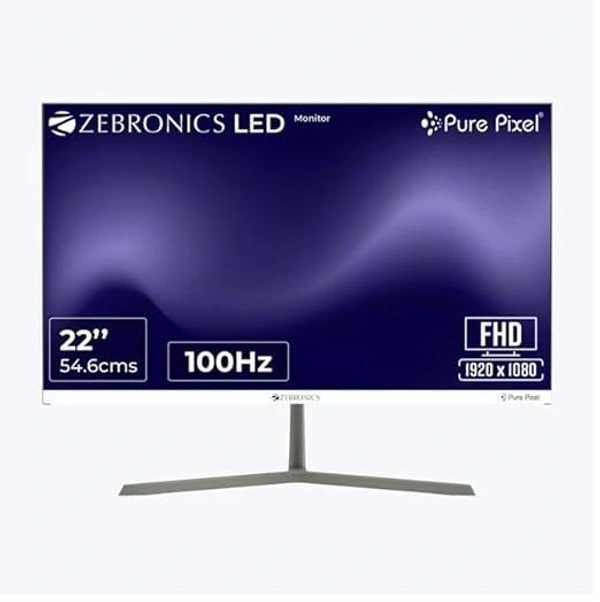 ZEBRONICS 22” (54.6 cm) Bezel-Less LED Monitor, 100Hz Refresh Rate, FHD Display, HDMI, VGA, FHD 1920x1080, 250nits, 16:9 Aspect Ratio, Anti-Glare Screen - ZEBRONICS, 22 inch