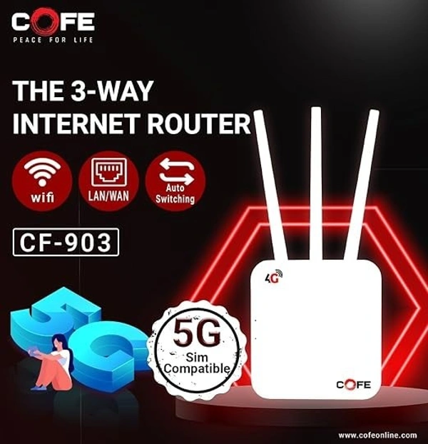 ROUTER 5G/4G Sim Compatible Connect with DVR/NVR/WiFi Camera - 3 Antenna, COFE