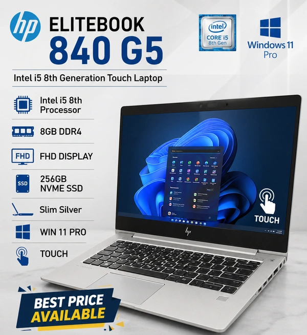 HP Refurbished HP EliteBook 840 G5 i5 8th gen | 14 inch | 8GB | 256GB SSD | Silver | Super Slim - EliteBook 840 G5, Intel i5 8th, 14"