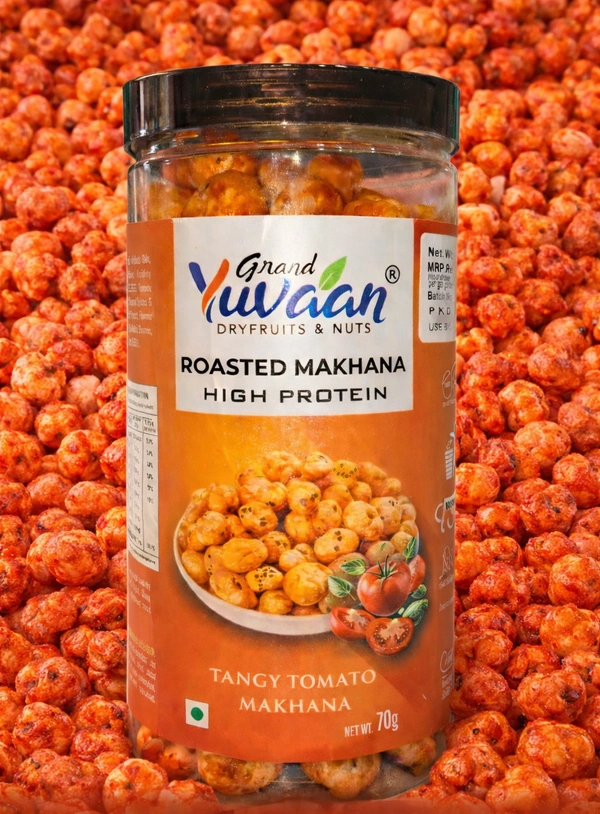 GRAND YUVAAN TANGY TOMATO ROASTED MAKHANA - 70GMS, Web Orange