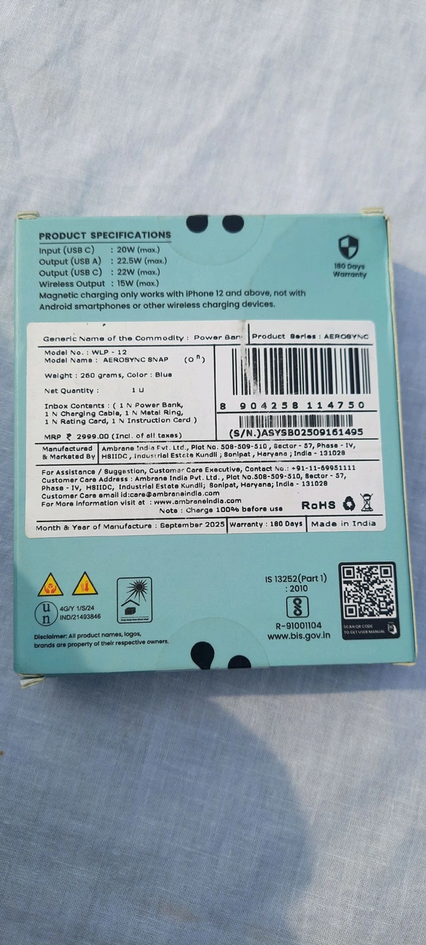 Ambrane aerosync 10000 mah magsafe power bank