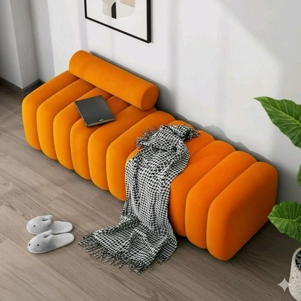 Pleated Velvet Bench with Bolster Pillow - Neon Carrot