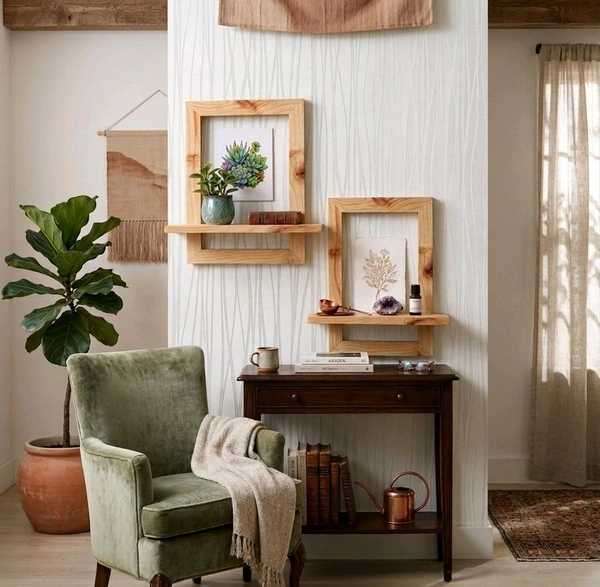 NIVARA Nivara Solid Wood Floating Wall Shelf with Integrated Frame | Premium Natural Pine Display Rack for Living Room, Bedroom & Office | Minimalist Geometric Wall Decor Shelf for Planters & Artifacts