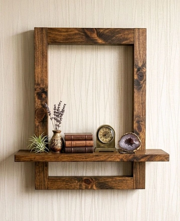 Nivara Handcrafted Solid Wood Wall Accent Shelf and Picture Frame Combo, Minimalist Floating Display Ledge for Photos, Plants, and Artifacts - Walnut brown