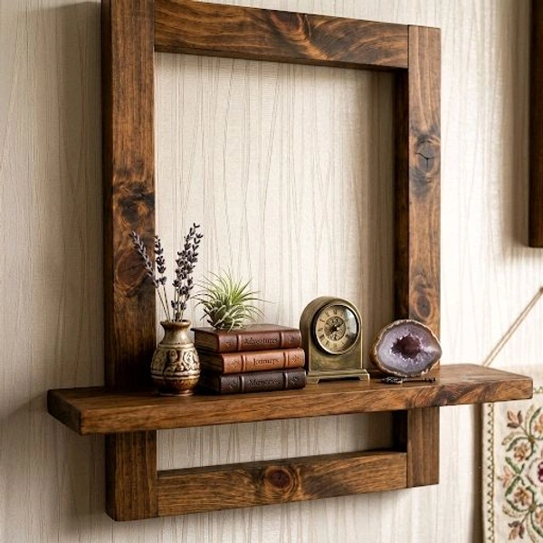 Nivara Handcrafted Solid Wood Wall Accent Shelf and Picture Frame Combo, Minimalist Floating Display Ledge for Photos, Plants, and Artifacts - Walnut brown