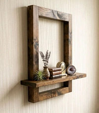 Nivara Handcrafted Solid Wood Wall Accent Shelf and Picture Frame Combo, Minimalist Floating Display Ledge for Photos, Plants, and Artifacts - Walnut brown