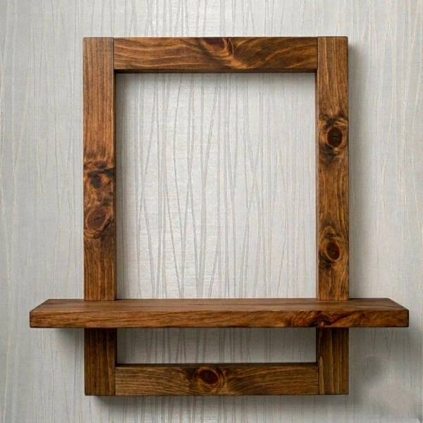Nivara Handcrafted Solid Wood Wall Accent Shelf and Picture Frame Combo, Minimalist Floating Display Ledge for Photos, Plants, and Artifacts - Walnut brown