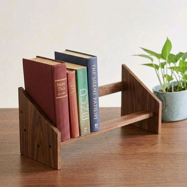 NIVARA Wooden Desktop Bookshelf – Adjustable Small Desk Organizer, Natural Wood Book Display Rack for Tabletop, Office, Countertop, and Home Decor - Walnut