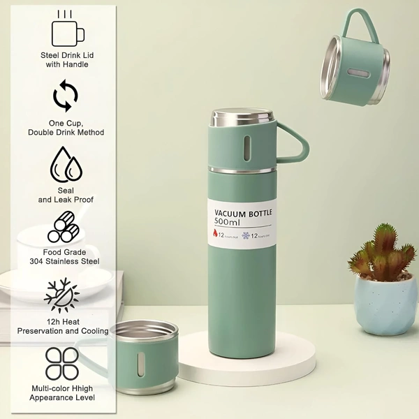 VACUUM FLASK WITH THREE CUPS - green