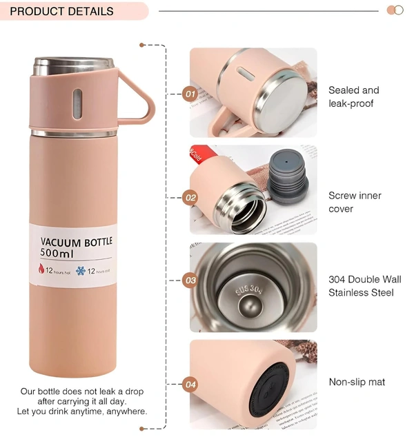 VACUUM FLASK WITH THREE CUPS - Pink