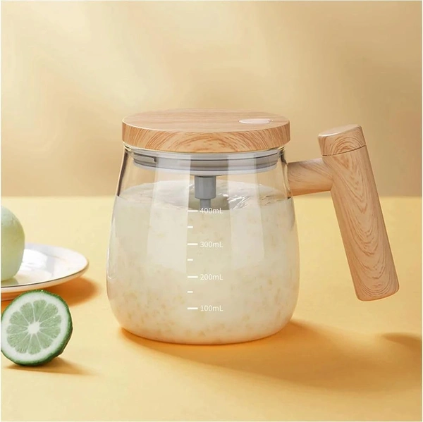 Glass Self-Stirring Mug with Wooden Handle, 400ml Capacity