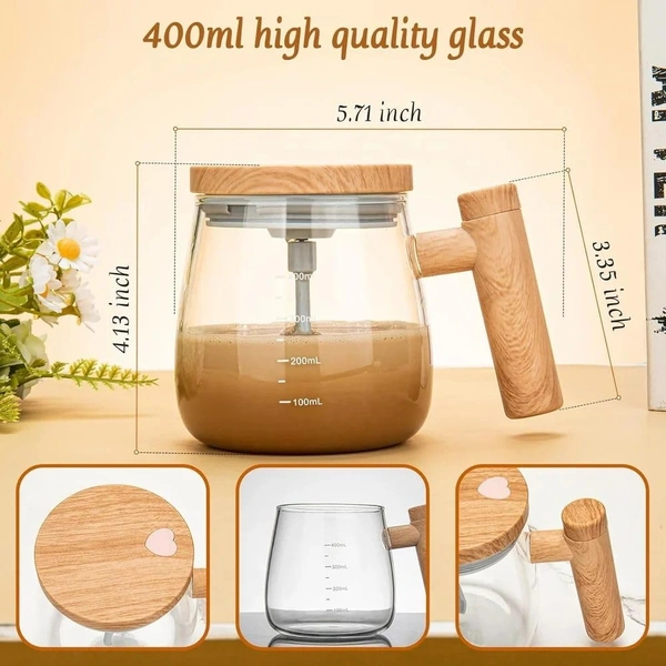 Glass Self-Stirring Mug with Wooden Handle, 400ml Capacity