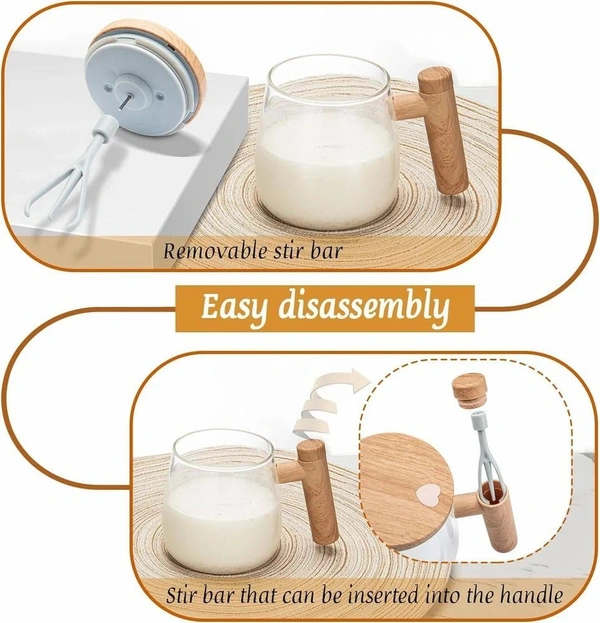 Glass Self-Stirring Mug with Wooden Handle, 400ml Capacity