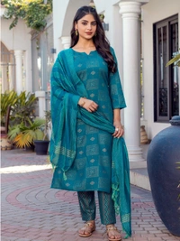 Arihant Creations Rayon Embroidered Kurti Pant Dupatta Set - L