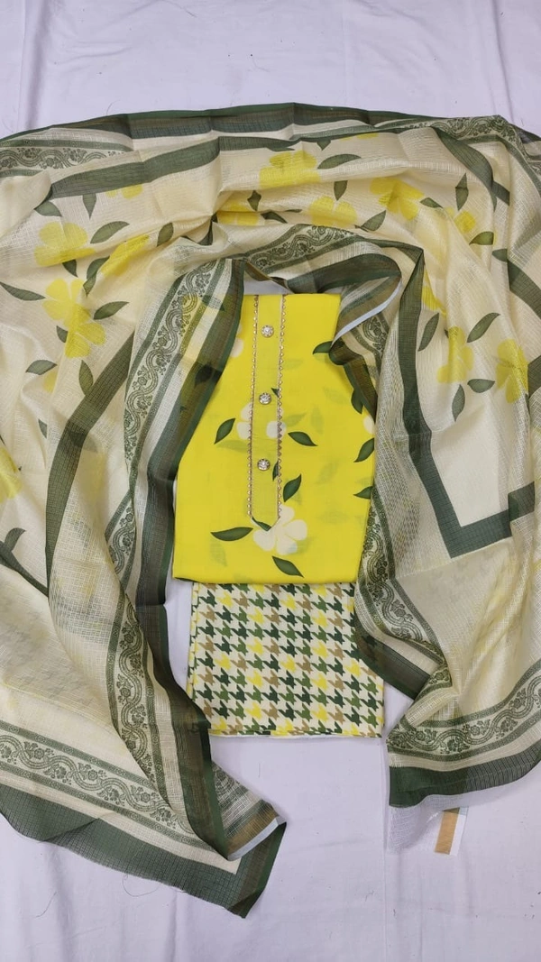 Arihant Creations Cotton Blend Printed Suit Set with Kota Doria Dupatta For Women’s Unstitched(Top 2.5m | Bottom 2.5m | Dupatta 2.25m)