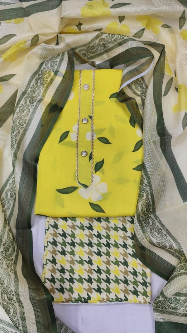 Arihant Creations Cotton Blend Printed Suit Set with Kota Doria Dupatta For Women’s Unstitched(Top 2.5m | Bottom 2.5m | Dupatta 2.25m)